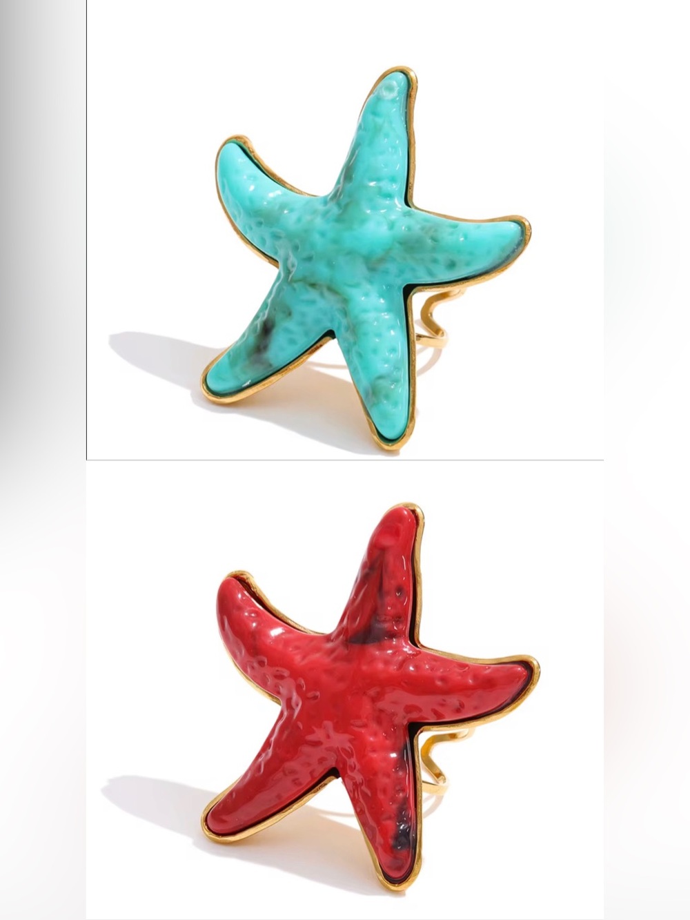 Turquoise & Red Starfish Statement Rings - Gold Trim